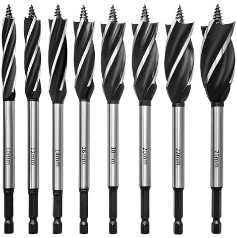 HPMAISON Wood Drill Bit, 8PCS Reaming Drill Wood Auger Drill Bit Set 10mm,12mm,14mm,16mm,18mm,20mm,22mm,25mm, High Carbon Steel Fast Cut Woodworking Drill Bit Set for Soft & Hard Wood, Plastic