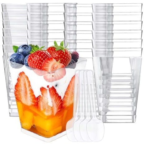 50 Tazas de Postre 5 oz/160 ml Vasos de Postre de Plástico Reutilizables Vasos de Postre Tazas de postre de Plástico con Cucharas Cuencos de Postre Transparentes para helado Mousse Postres DIY