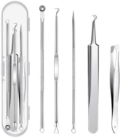maxtachi 6 Stück Mitesserentferner Komedonenquetscher Set, Hochwertiges Edelstahl Pickel Ausdrücken Werkzeug mit Pinzette & Organizer, Blackhead Remover für Mitesser Pickel Whiteheads Akne