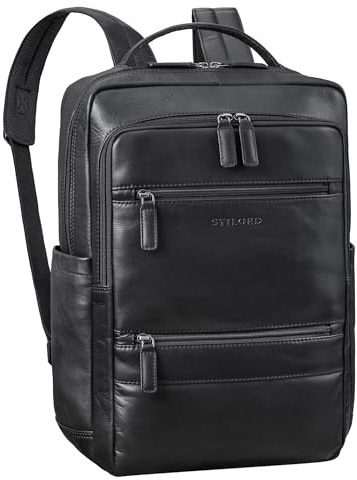 STILORD 'Torben' Sac Ordinateur Portable Cuir 15-16 Pouces - Grand Sac à Dos en Cuir Véritable Grande capacité - Sac à Dos Travail Homme et Femme système d'attache Trolley, Couleur:Noir