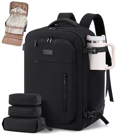 LOVEVOOK Handgepäck Rucksack Flugzeug 45x36x20, Reiserucksack Damen groß, Laptop Travel Backpack Women 17,3 Zoll, Wasserdichter Easyjet Carry On Luggage Cabin Bag für Business Reise Anzug, Schwarz