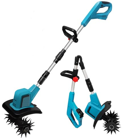 Motobineuse Électrique sans Fil,21V Portable Sans Brosse Motoculteur,360RPM,Manche Amovible,Largeur/Profondeur de Travail 20/15cm,15cm Tête de Couteau Double,Cultivateur pour Potager (B-Sans Batterie)