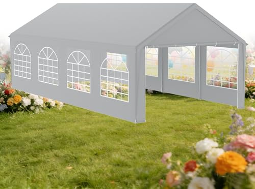 XMTECH Partyzelt Pavillon 4x8m Grau mit Fenster, wasserdicht & UV-Schutz, verstärkte Dachkonstruktion, abnehmbare Seitenwände, ganzjährig wetterfest für Sonne & Regen, geeignet für Großveranstaltung
