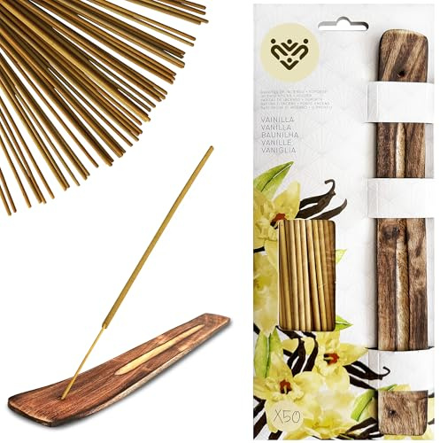 CYNENYC Incienso Natural Vainilla, 50 Varillas Premium Aromaticas Relajantes, Quemador Artesanal de Madera Incluido, Hecho a Mano, Larga Duración, Meditación, Aromaterapia y Limpieza Energética.
