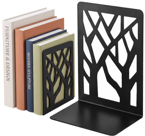 Wenrecu Metal Bookends 2 Pcs, Heavy Duty Black Tree Design Book Ends for Shelves, Non-Slip Decorative Book Stopper Holder for Home Office Library School, 7x4.7x3.6 Inch