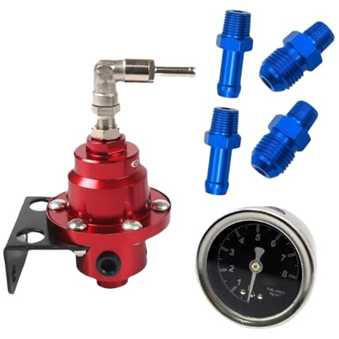 MiJunHD 1Pc Universal Adjustable Fuel Pressure Regulator with 1Pc Oil Filled Gauge & 4 Fitting Connectors for Most Cars and Trucks(Red)