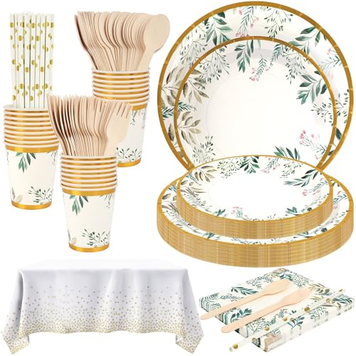 AUROAY 125 Pcs Anniversaire Vaisselle Fête 25 Invités - Assiettes, Serviettes, Couverts, Nappe en Papier Motif Feuilles Vertes pour Barbecue Pique-nique - Thème des Feuilles Vertes