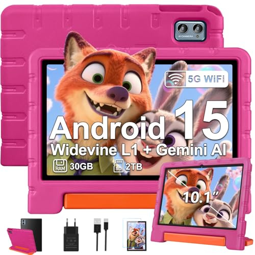 ZIOVO Tablette 10 Pouces Android 15, 30Go RAM+64Go ROM (TF 2To), 5G WiFi Tablettes, Gemini AI, Octa-Core/Widevine L1/Face ID/Contrôle Parental/6000 mAh/BT 5.0, Tablette avec étui Eva -Rose