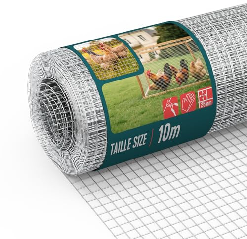 VOUNOT® Galvanised Welded Wire Mesh Roll 1 x 10m, 25mm Mesh, 1mm Wire Thickness, Metal Garden Fencing for Small Animals, Poultry, Chicken Coop, Grey