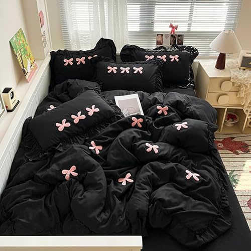 LinQton Set di biancheria da letto con copripiumino con volant in pizzo con fiocco, stampa a cuori rosa, morbido lavato, lenzuolo piatto, per donne, decorazione per camera da letto, colore: nero