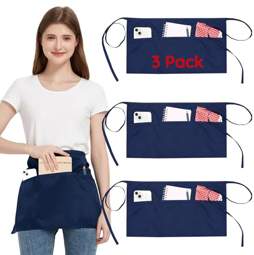 3 Piezas Delantales corto de cintura con 3 bolsillos para hombre y mujer | Delantal de trabajo para camarero y camarera, con lazos largos ajustables, impermeable, para bistro restaurante hostelería