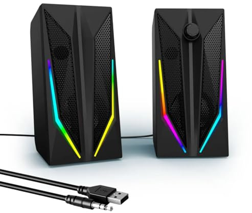 Ouitble PC Lautsprecher 1 Paar 10W USB Gaming Lautsprecher mit 7 Dynamischen RGB, Stereo 2.0 Desktop-PC-Lautsprecher mit 3,5 mm Eingang Lautstärkeregler für Laptop Desktop