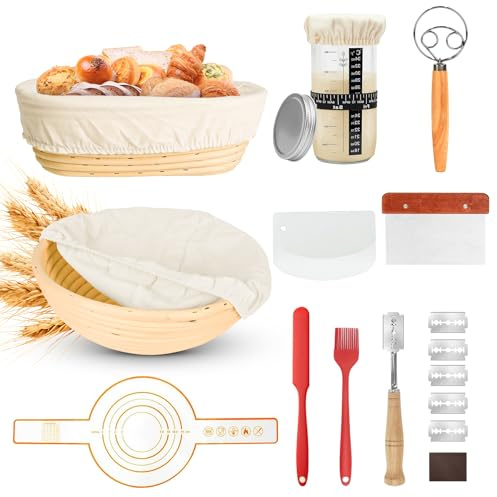 BUCOMTU Ensemble 10 pièces, Banneton pour Pain 23 cm (rond) & 25 cm (ovale), pot fermentation 730 ml, accessoires de boulangerie; croûte croustillante, idéal débutants & pros
