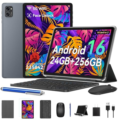 BESTTAB Tablet, 2026 Gaming Tablet 24GB RAM+256GB ROM/2TB, 10 Inch Android 15 Tablets With Keyboard And Pen, Octa-Core, 5G WiFi, 8MP AI Camera, Face ID, Widevine L1, GPS, TÜV Certified, Office