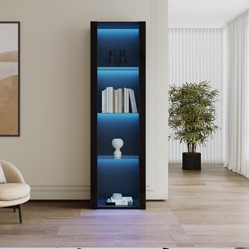 Svart högblank vitrinskåp med LED-belysning 3 glasgolv stående vitrinskåp förvaringsskåp med sidoglans vardagsrum kontor 55 x 38 x 166 cm