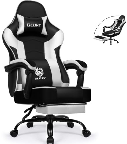 minnouat Gaming Stuhl Ergonomischer mit Fußstütze, Gamer Stuhl Bürostuhl 150 kg Belastbarkeit, Gaming Chair aus Kunstleder, Höhenverstellbarer PC Zockerstuhl für Jugendliche Erwachsene, Weiß
