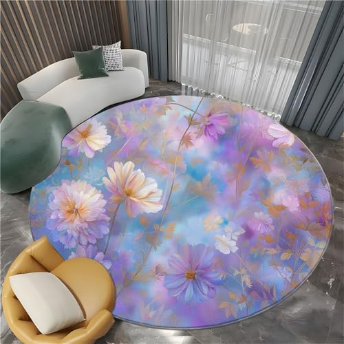 Elegant Plants Round Area Rugs 180 cm Wildflowers Daisies And Chrysanthemums Fluffy Circle Area Rug, Crawling Play Circle Carpet Mat for Bedroom Living Room Kitchen Anti-Skid Floormat