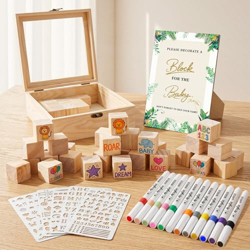 Babyparty Spiele Deko – Bauklötze bemalen für Baby Shower & Gender Reveal | Interaktives Gästebuch, Aus Massivholz, mit 48 Holzklötze zum Bemalen, 5 Schablonen, 12 Acrylstiften, Babyparty Deko