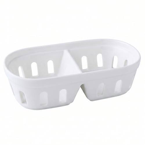 Monwssoe Cesto di frutta in ceramica, ciotola per bacche in ceramica con fori di drenaggio a doppio scomparto, cesto di frutta per snack e - Bianco