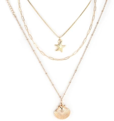 Mikovivi Conjunto Collar de Conchas, Collar con Colgante de Estrella Mar y Concha Apilable Cadena Delicada Tipo Clip Joyería Playera para Mujer