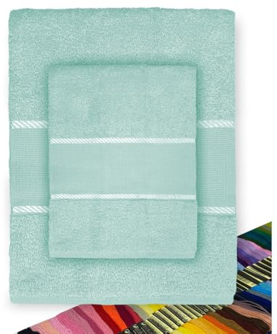 Tex family Set Asciugamani Spugna Tela Aida da ricamare Punto Croce 1+1 Viso E OSPITE con Filato in Omaggio - Verdino