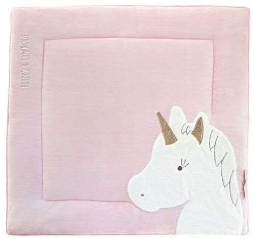 DOUDOU ET COMPAGNIE - Tapis d'Éveil Bébé Licorne Rose/Or 100x100 cm - Pour Bébé 0-6 Mois - Jeu Rembourré et Confortable - Adapté au Parc ou au Sol - Idée Cadeau Naissance - Tapidou - DC3318