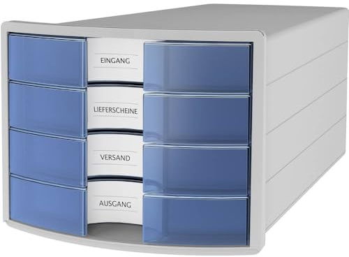 HAN Schubladenbox IMPULS 2.0 mit 4 geschlossenen Schubladen für DIN A4/C4 inkl. Beschriftungsschilder, Auszugsperre, möbelschonende Gummifüße, premium Qualität, 1012-64, lichtgrau/transluzent-blau