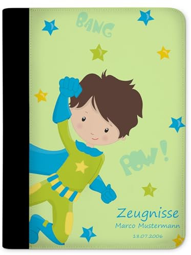 CreaDesign, Kinder Zeugnismappe personalisiert mit Namen, Zeugnis Mappe Superheld Grün, DIN A4, 26,7 x 32,7 x 1 cm, Rücken schwarz