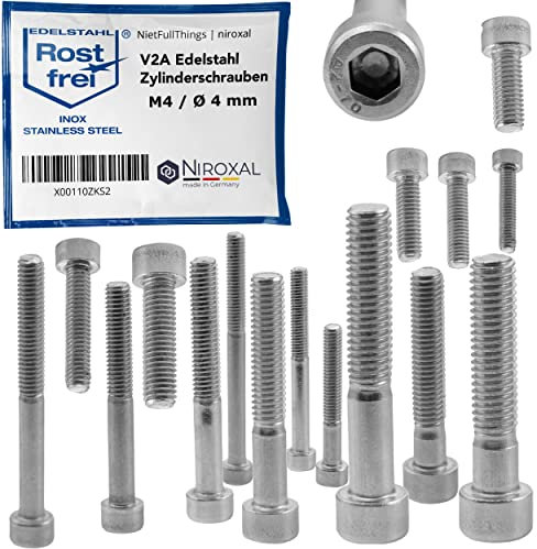 Skruv med cylindriskt huvud av rostfritt stål V2A, M4 (= 4 mm), 40 mm skruvlängd, 400 stycken, 20 mm delgänga, insexskruv, cylinderskruv, M4 x 40