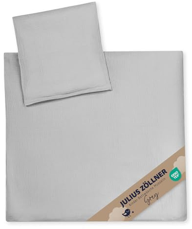 Julius Zöllner Musselin Kinderbettwäsche 80x80 + 35x40 cm | 2-teiliges Set aus Deckenbezug und Kissenbezug aus 100% Baumwollmusselin | Oeko-TEX Standard 100 | grau