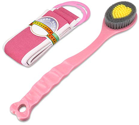 QiCheng&LYS Badebürste Mit Langem Griff, Rückenbürste Mit Langem Stiel, Rückenbürste Dusche Kunststoff -14 Zoll (Pink und Schlamm Handtuch)