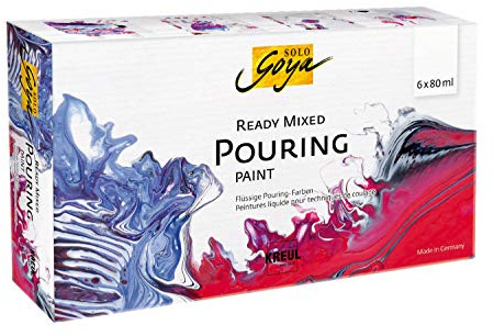 KREUL 87230 - SOLO GOYA Ready Mixed Pouring Set, vorgemischte Pouring Acrylfarbe, 6 Flaschen á 80 ml in weiß, karminrot, magenta, kobaltblau, schwarz und saphirblau, für Gieß- und Fließtechniken