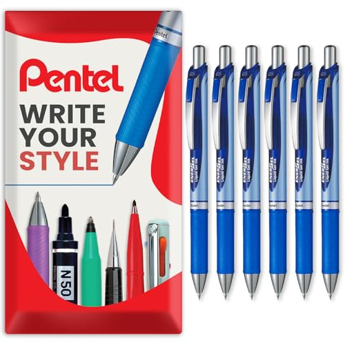 Pentel Energel BLN75 Gel-Tintenroller, einziehbar, 0,5 mm, 54 % recycelt, Blau, 6 Stück