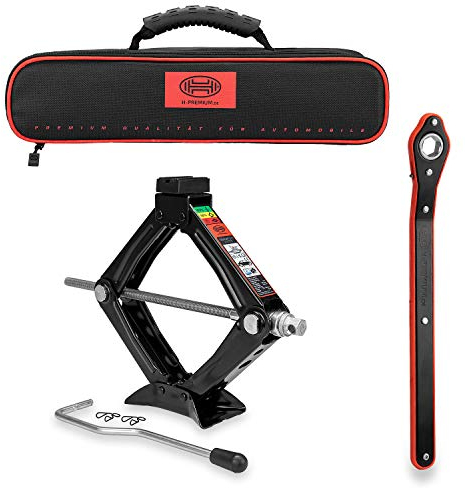 HEYNER® Scherenwagenheber 1t Wagenheber inkl. Tasche I 17mm Ratsche I Kurbel und Gummiauflage I Hubhöhe: 100-348 mm Scherenheber I TÜV & GS