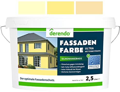 derendo Silikonharz Fassadenfarbe Gelb ULTRA Wetterschutz Cremegelb 2.5 l aussen Fassade Silikonharzfarbe mit Abperleffekt Lotus Blatt Fassadenschutz Schmutzabweisende Silikonharzbeschichtung
