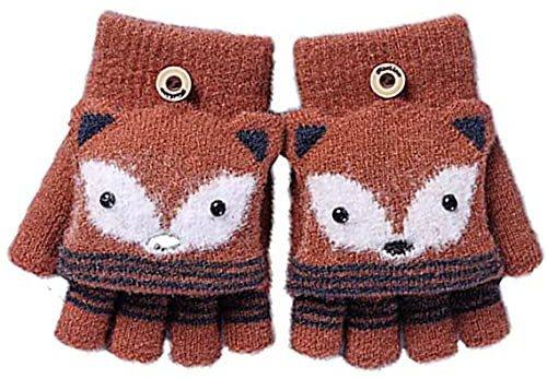 JINTN Kid Fox Winter Warm Glove Boy Girl Knitted Half Finger Mitten Children Flip Top Hand Warmers Outdoor Thermal Mitten Children Xmas Gifts for 6-10 Years Old