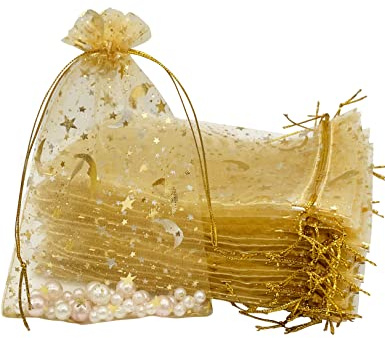 Jexila 100 Stück goldene Organza-Beutel, 10,2 x 15,2 cm, Mond, Stern, kleine Schmuckbeutel, Kordelzug, Netz, Geschenkbeutel für Hochzeit, Party, Babyparty, Gastgeschenke, Süßigkeitenbeutel