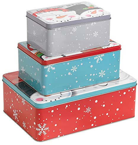 URBN-CHEF 3pcs Christmas Cookie and Cake Xmas Biscuit Storage Nesting Tin Set Square/Round (Santa Snowman, Rectangle)