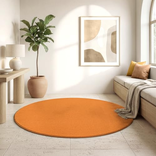 SANAT Kurzflor Teppich Wohnzimmer - Uni Modern Teppiche fürs Schlafzimmer, Arbeitszimmer, Büro, Flur, Kinderzimmer und Küche - Orange, 150 cm Rund