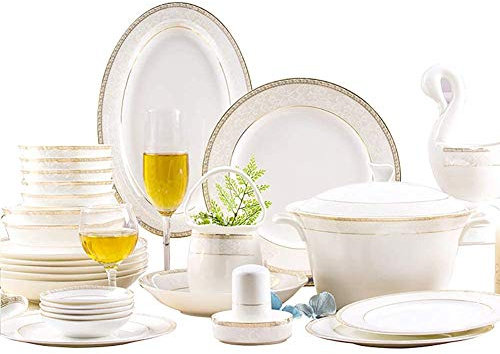 Platos llanos, vajilla de cerámica, juego de vajilla de 60 piezas Juegos de vajilla de cerámica con sopera Tazón Cuchara Plato Palillo Cenicero Soporte para palillos Cisne Flor Cesta Servici