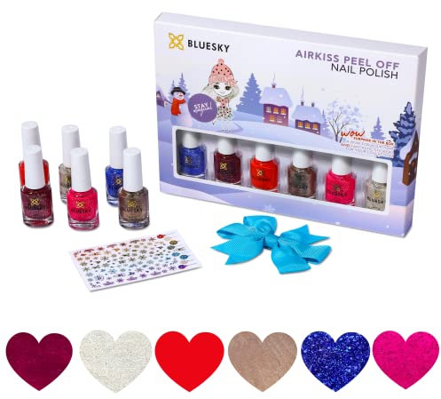 Bluesky Kids Nail Varnish Set - Winter Set Pink, Blue, Red, Gold, Silver, Glitter. Easy Peel-off, Non-Toxic, Water- based, Odour-free Nail Polish for Kids, Gift Set, 6 x 5ml with Stickers & Hair Bow