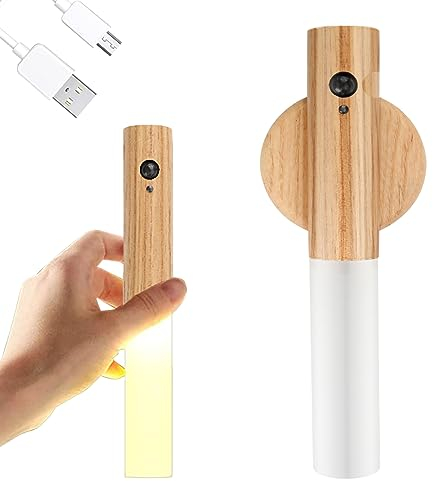 Applique in Legno, luce Notturna per Interni con Sensore di Movimento, Applique da Parete a Batteria Wireless Ricaricabile Magnetica con Interruttore per Camera da Letto, Corridoio, Scala (Frassino)