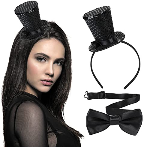 BEIMEIII 2 Stücke Mini Top Hut Haarreif Set Enthalten Schwarz Zylinder Hut Haarreif und Schwarz Fliege für Abschlussball,Party,Karneval,Hochzeit