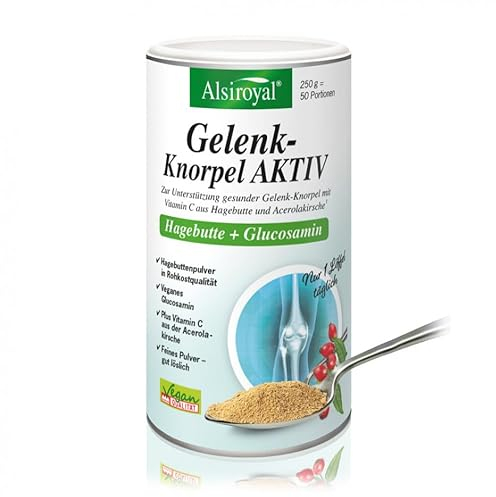 Alsiroyal Articulación cartílago activo – para apoyar el cartílago articular sano (250 g de polvo) – con glucosamina vegana & Vitmain C de rosa mosqueta y cereza acerola – solo una cuchara al día –