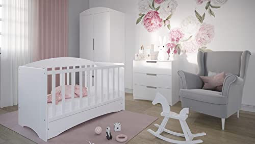 Générique Babyzimmer: Kleiderschrank mit 2 Türen + Babybett 60 x 120 cm, mit Lattenrost + Kommode mit 3 Schubladen, Farbe: Weiß