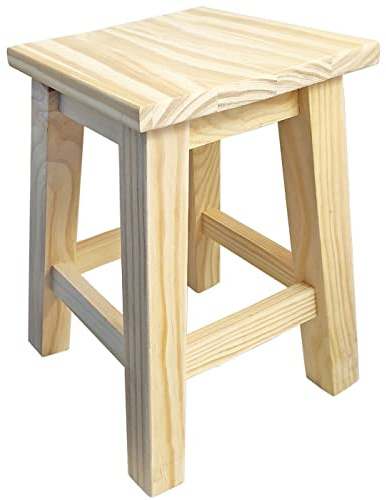 Acan Tradineur - Taburete Cuadrado de Madera Natural sin Tratar, banqueta con reposapiés, Estable y Robusto, hogar, 35,4 x 22,5 x 22,5 cm