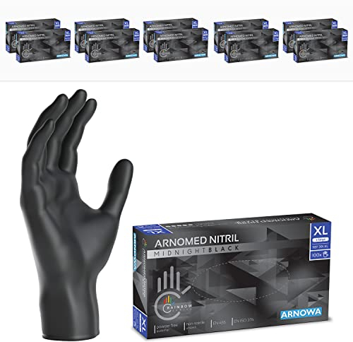 1000 Stück (10x100) ARNOMED Einweghandschuhe Schwarz, Einmalhandschuhe XL, Nitril Handschuhe Einweg, Nitrilhandschuhe puderfrei, Gummihandschuhe Einweg, Schutzhandschuhe Nitril in XS, S, M, L, XL, XXL