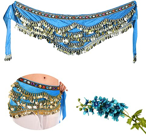 Damen Bauchtanz Hüfttuch Kostüm, Bauchtanz Kostüm mit 245+ Münzen, Bauch Tanz Hüfttuch Orientalischer Tanz Accessoires für Bühnenaufführungen,Geburtstagsaufführungen,Partyaufführungen (Hellblau)