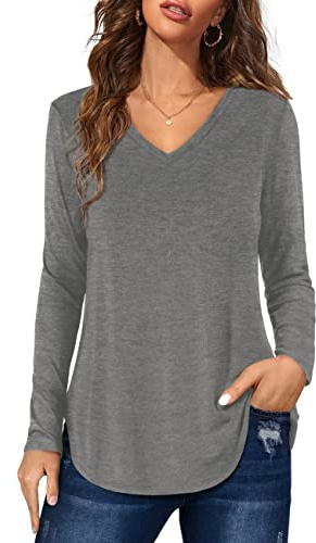 Florboom Women T Shirts Ladies V Neck Tops Long Sleeve Casual Basic Tees, Grey 12 14