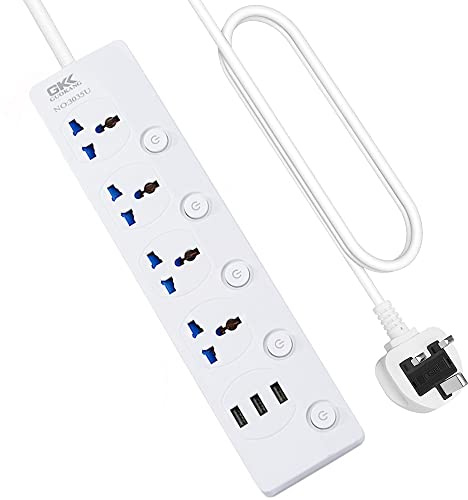 4 Way Extension Lead 3M/9.84FT with 3 USB Slots,Protected Extension Cord with Individual Switches,13Amp UK Plug Wall Mounted Power Strip for Home Office
